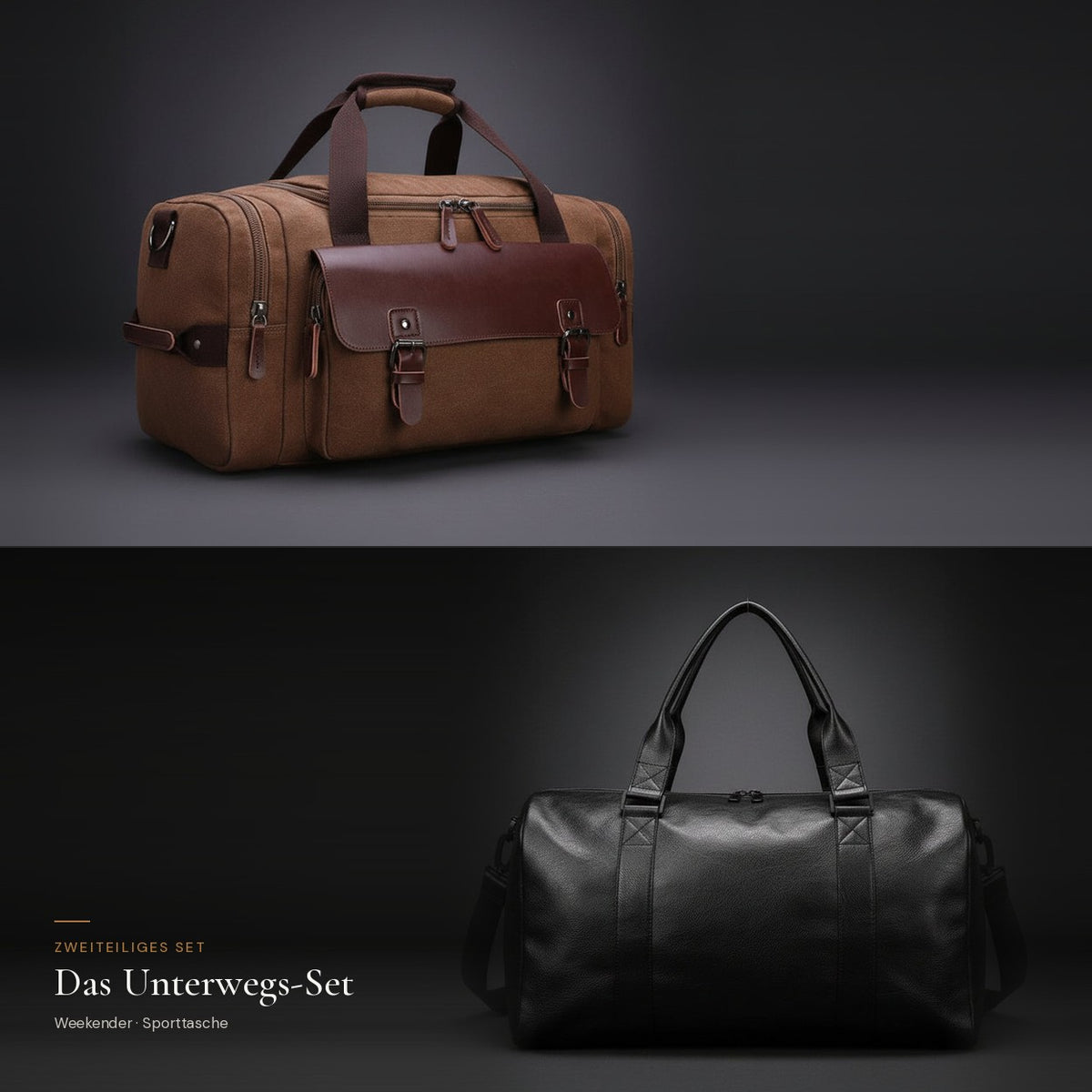 Das Unterwegs-Set: Weekender aus Canvas in Camel und Sporttasche in Schwarz