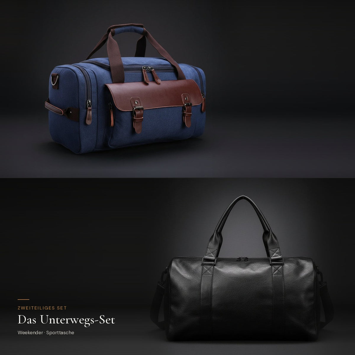 Das Unterwegs-Set: Weekender aus Canvas in Dunkelblau und Sporttasche in Schwarz