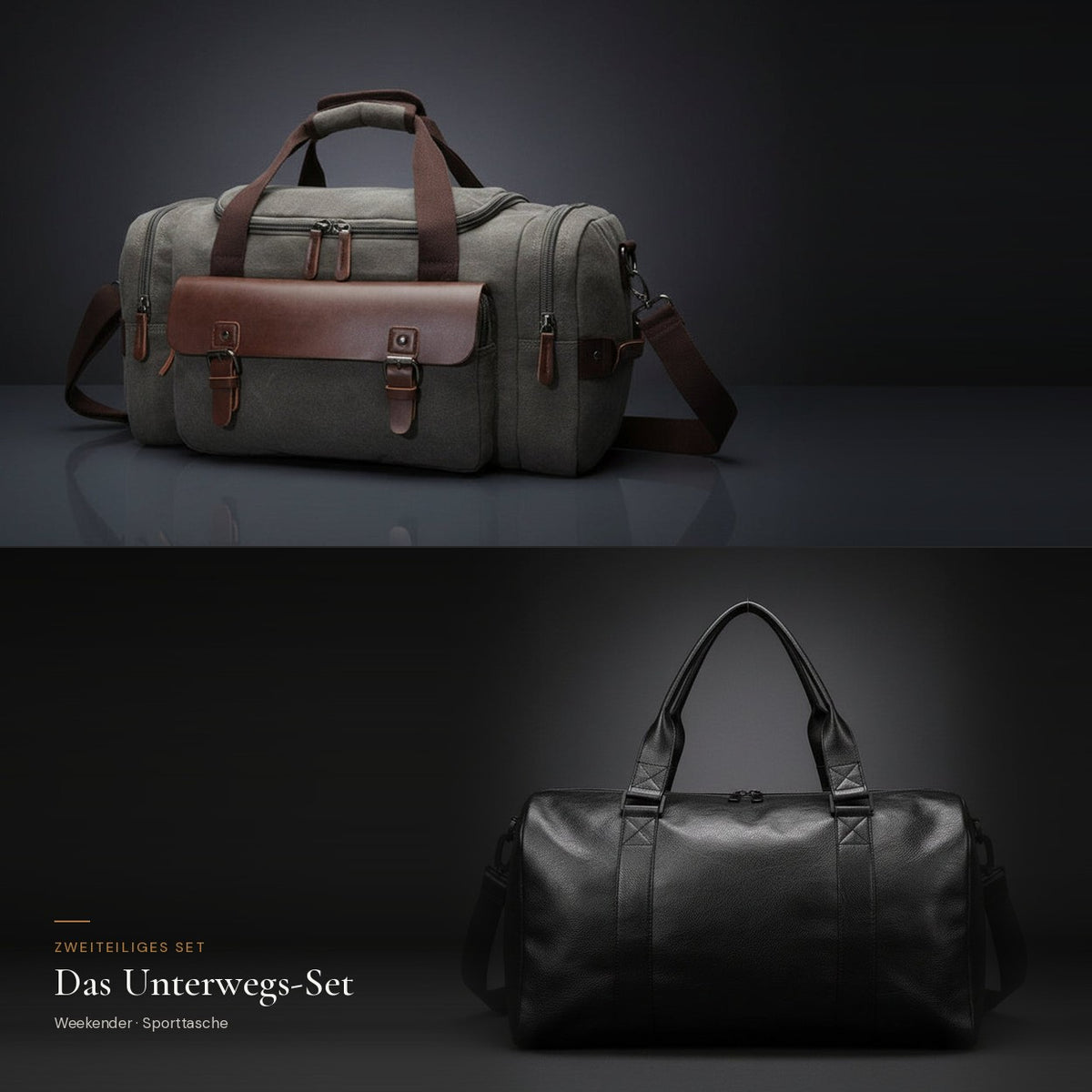 Das Unterwegs-Set: Weekender aus Canvas in Graugrün und Sporttasche in Schwarz
