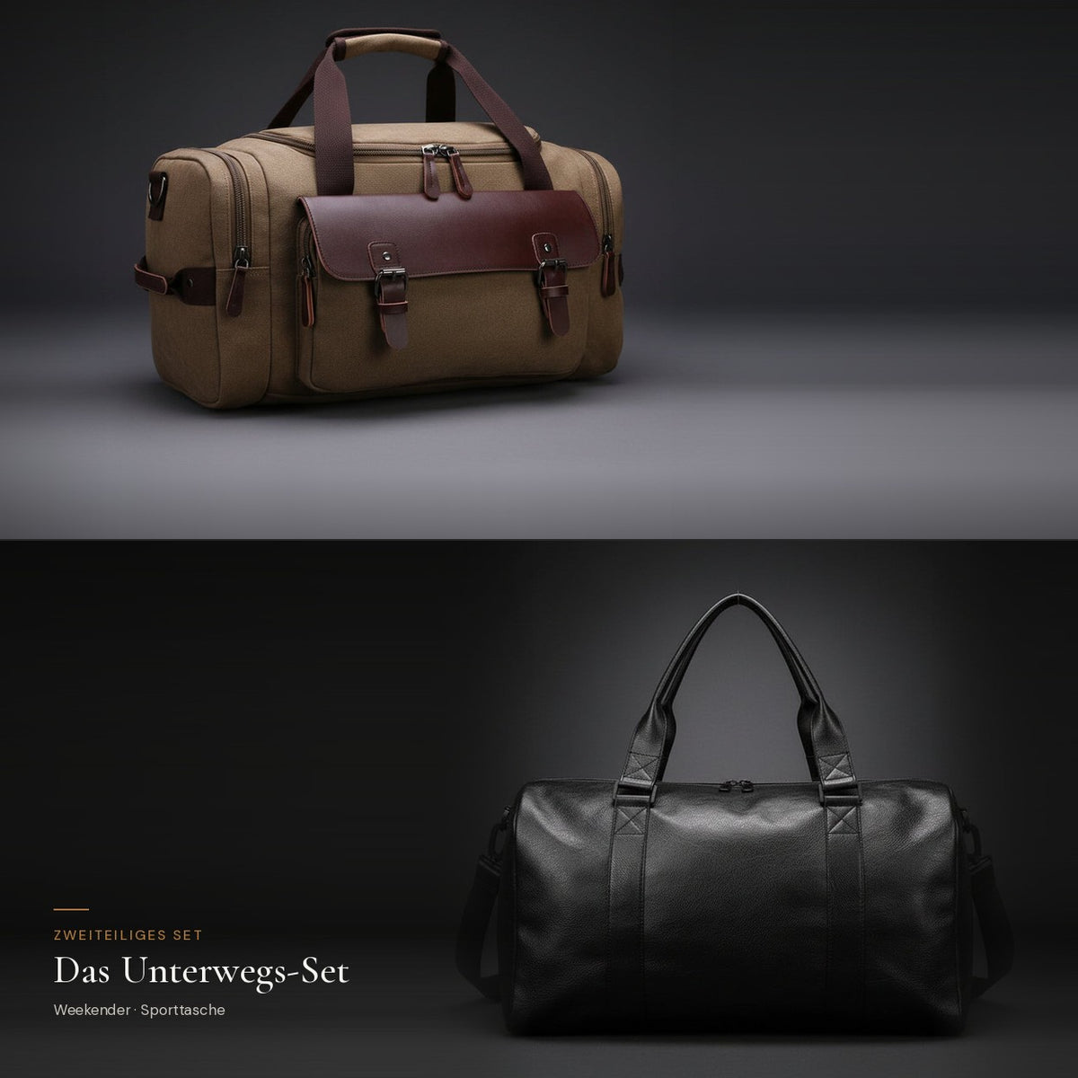 Das Unterwegs-Set: Weekender aus Canvas in Khaki und Sporttasche in Schwarz