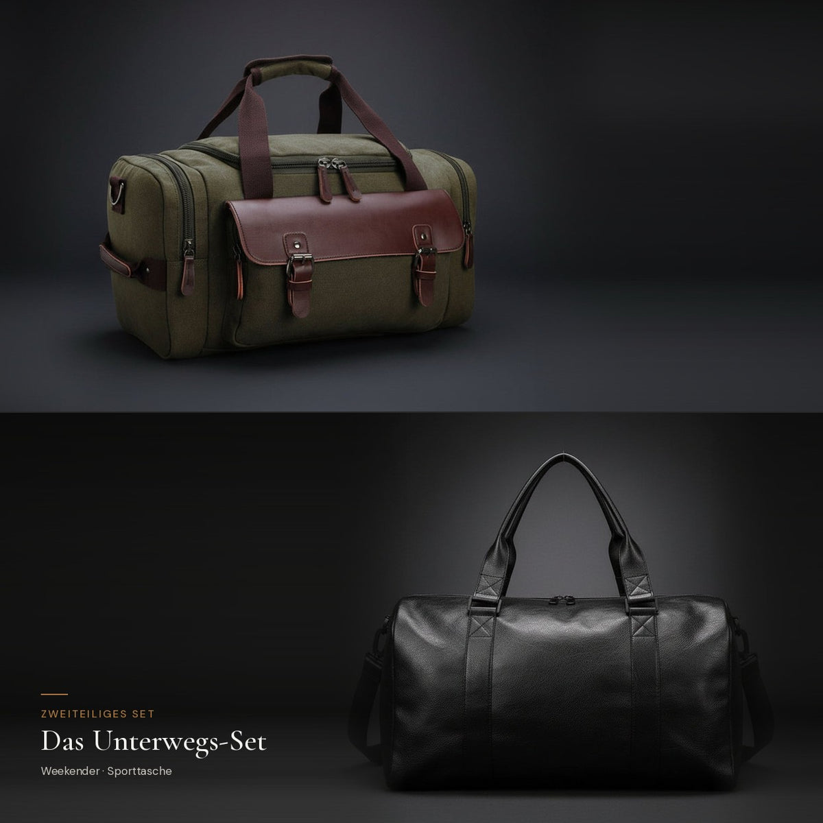 Das Unterwegs-Set: Weekender aus Canvas in Oliv und Sporttasche in Schwarz