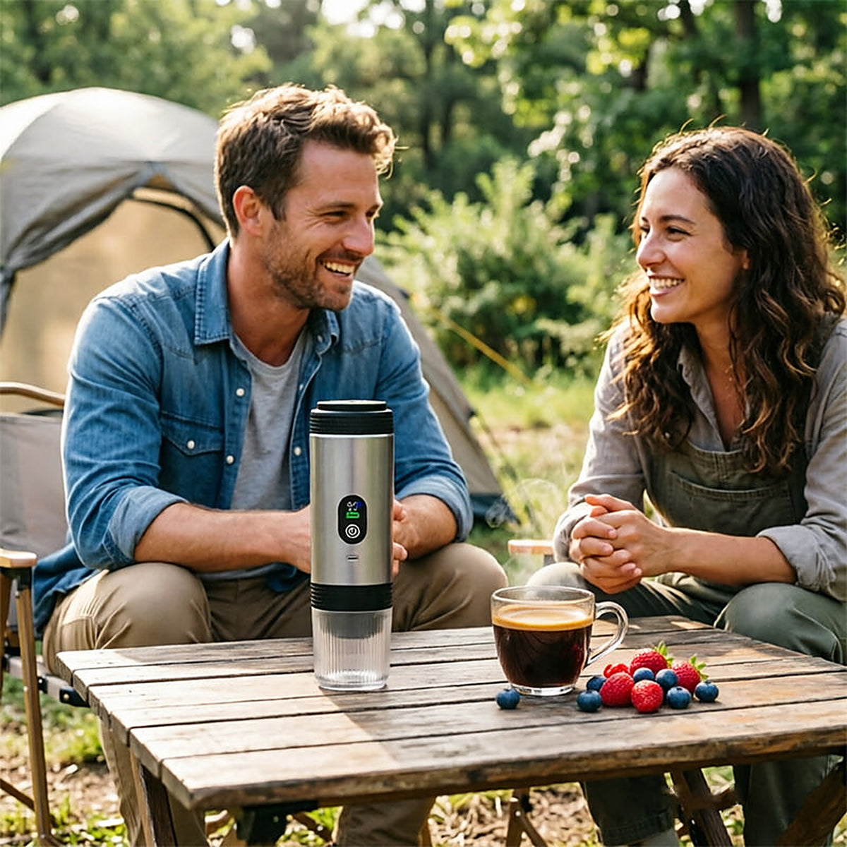 Paar beim Camping mit frisch gebrühtem Espresso aus der mobilen Maschine