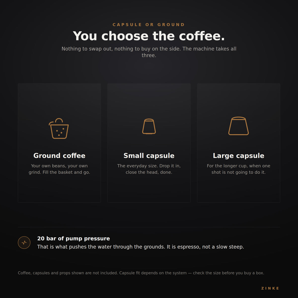 Geeignet für gemahlenen Kaffee, kleine Kapsel und große Kapsel