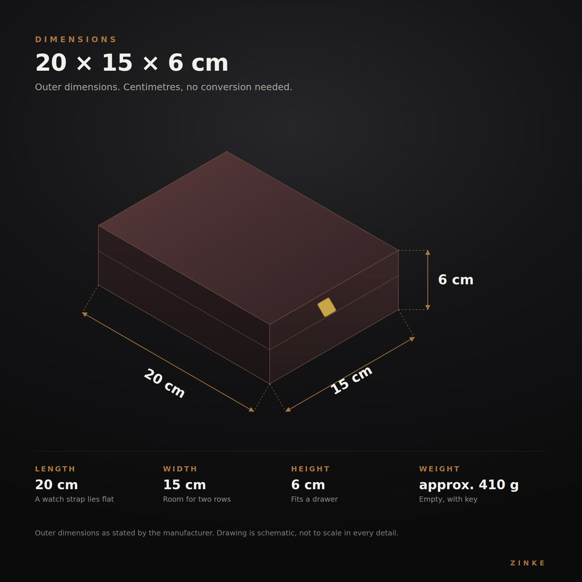 Maßangabe der Holzbox: 20 cm lang, 15 cm breit, 6 cm hoch, Gewicht ca. 410 g