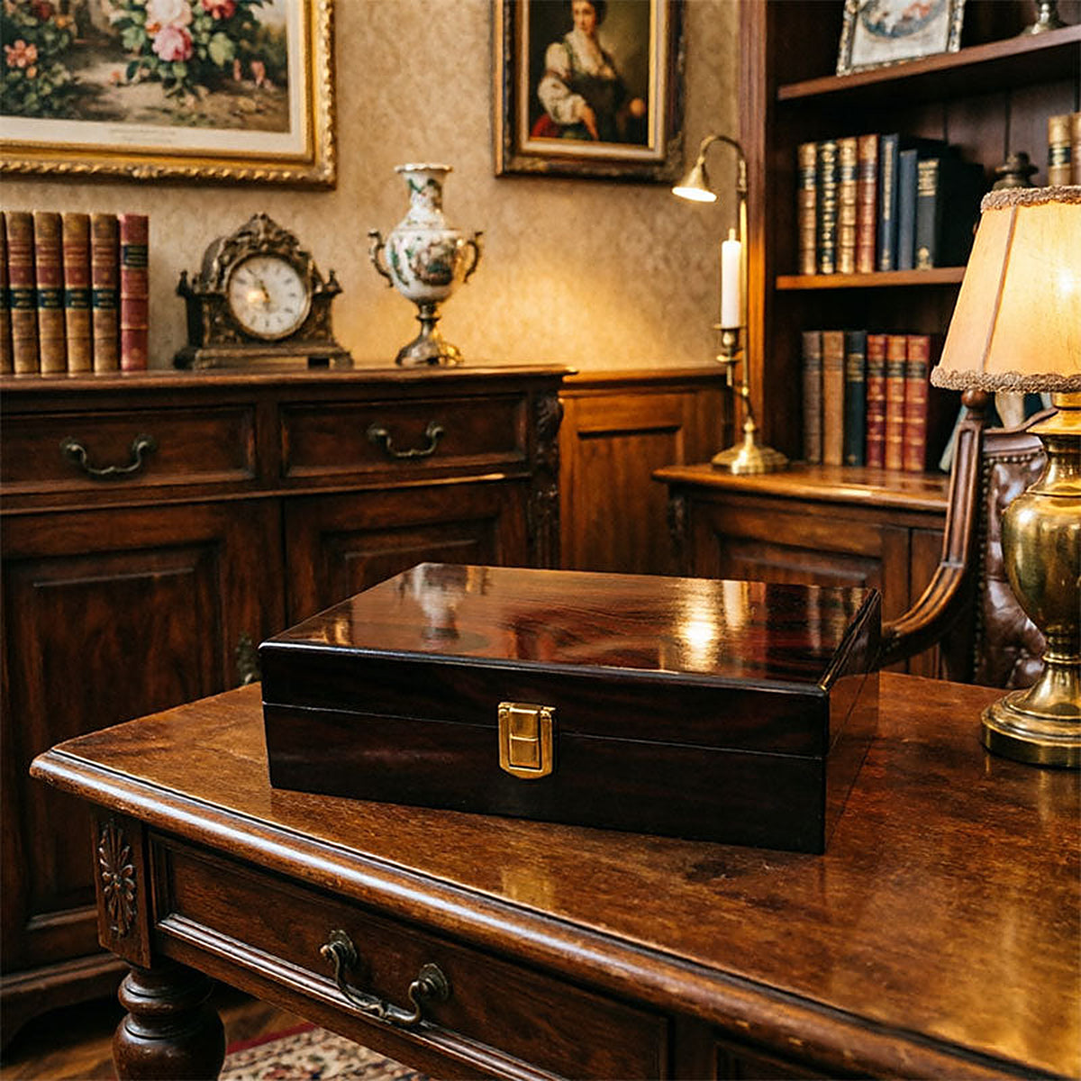 Holzbox mit Schloss auf einem dunklen Schreibtisch