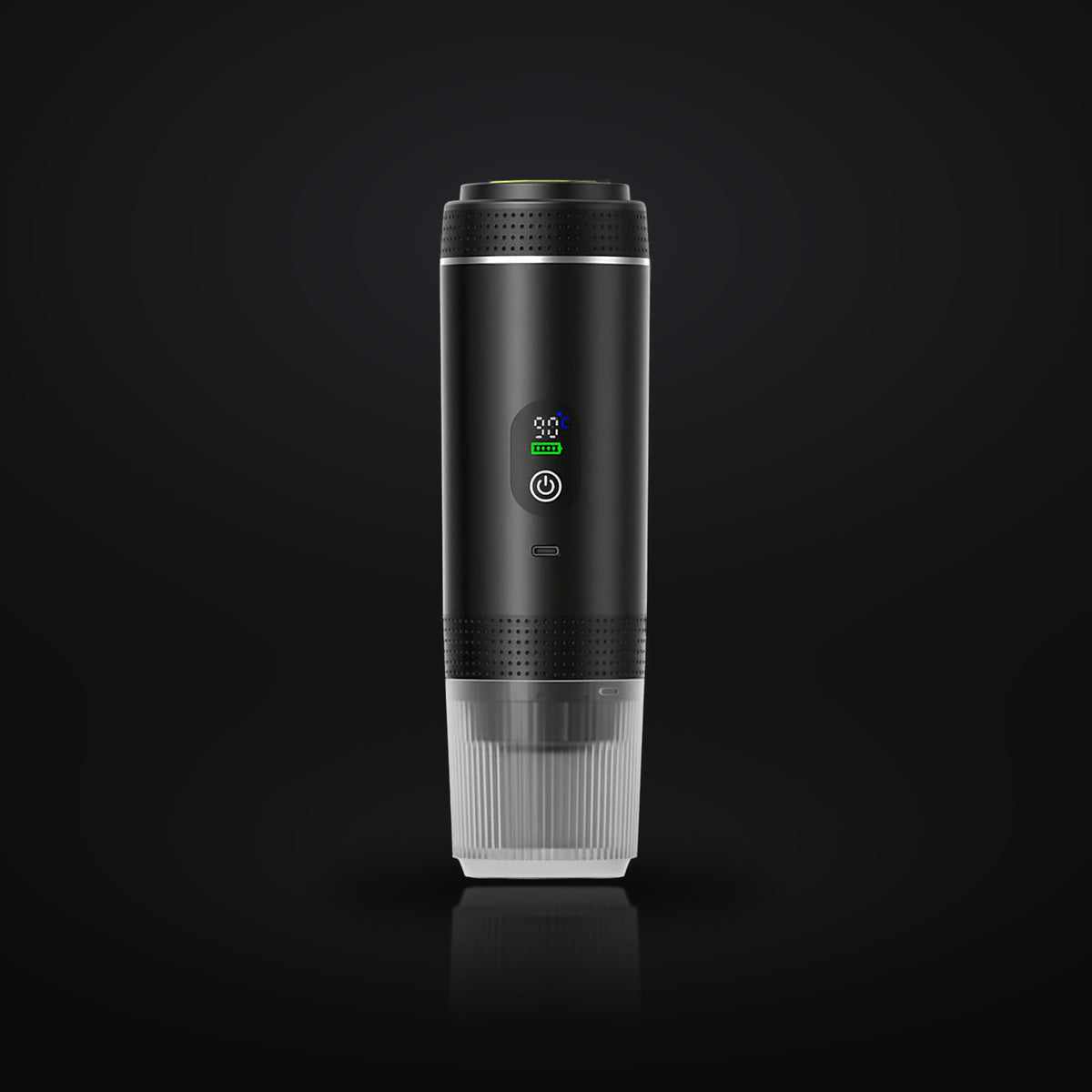 Mobile Espressomaschine in Schwarz vor schwarzem Studiohintergrund