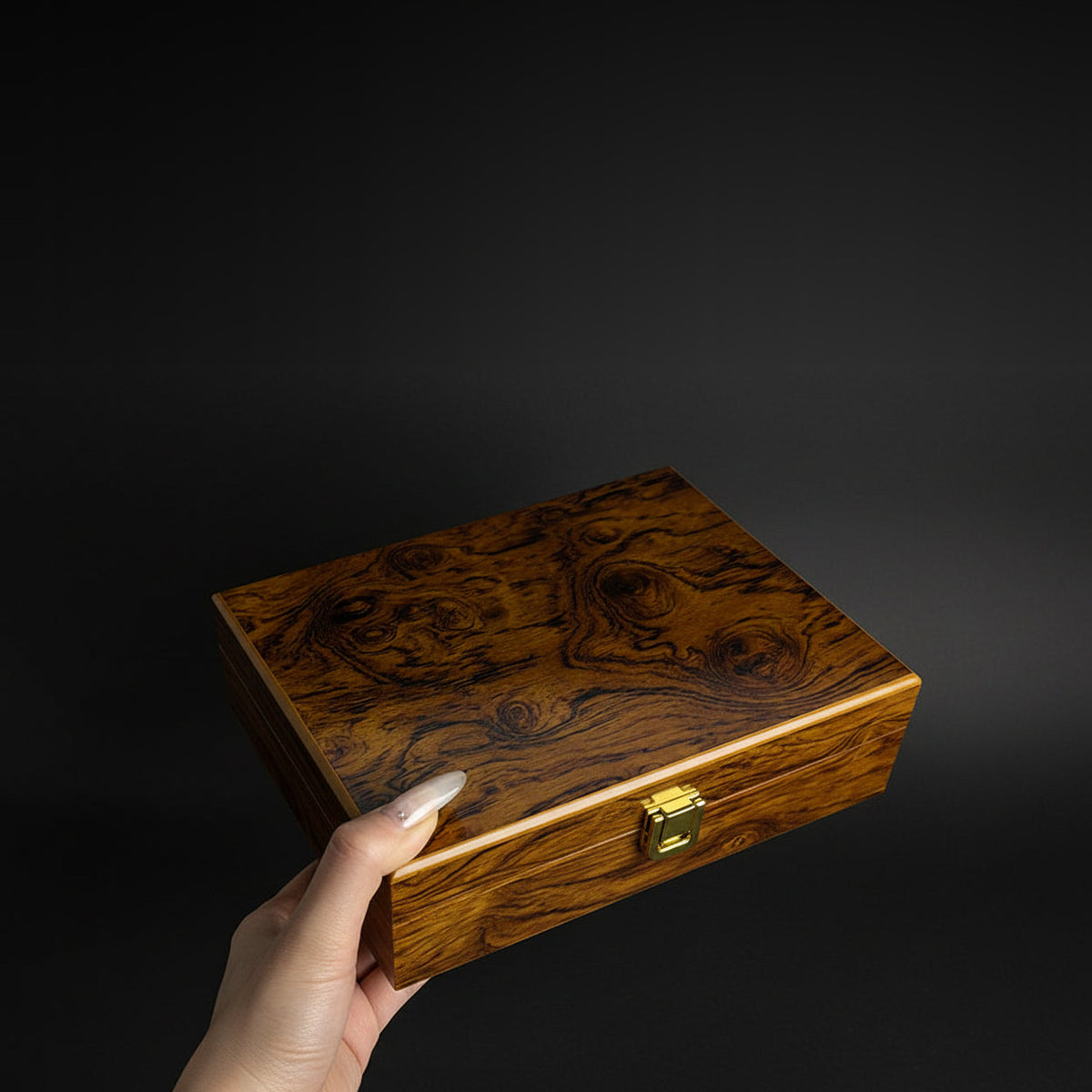 Holzbox mit Schloss in Wurzelholz-Optik, in der Hand gehalten