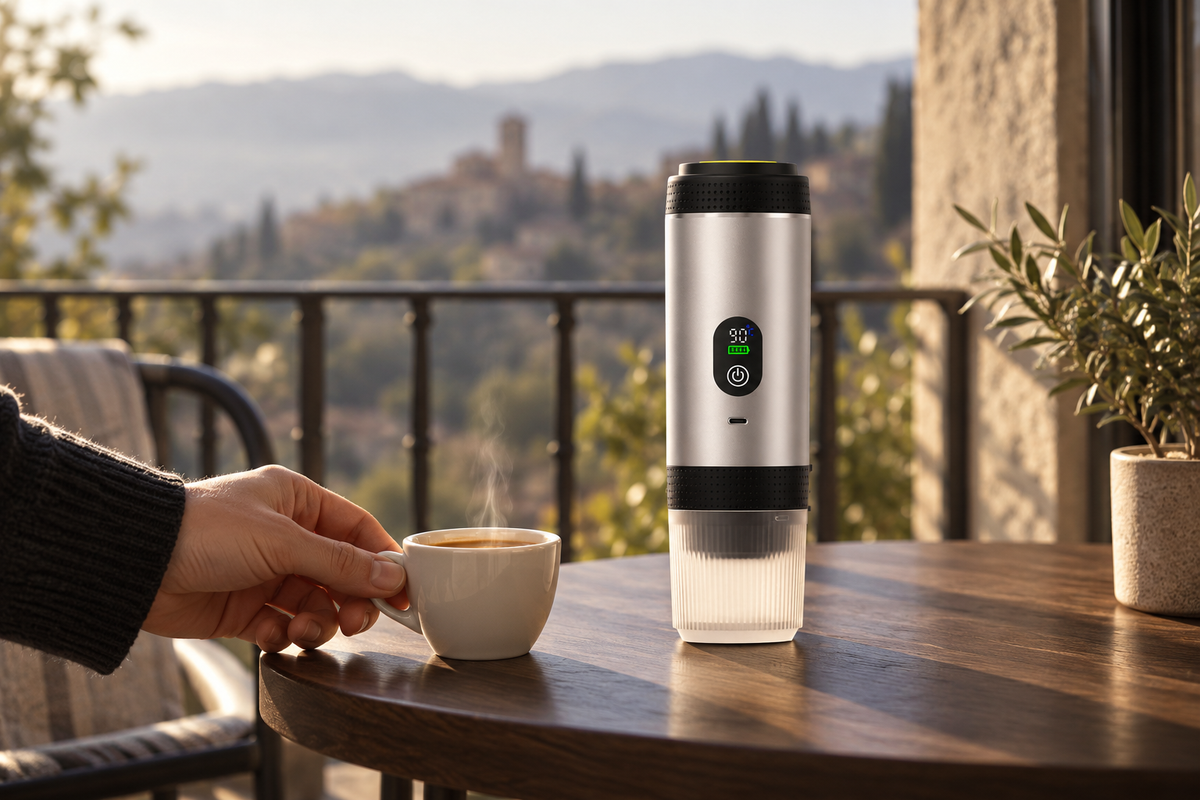 Mobile Espressomaschine mit Espressotasse auf einem Terrassentisch