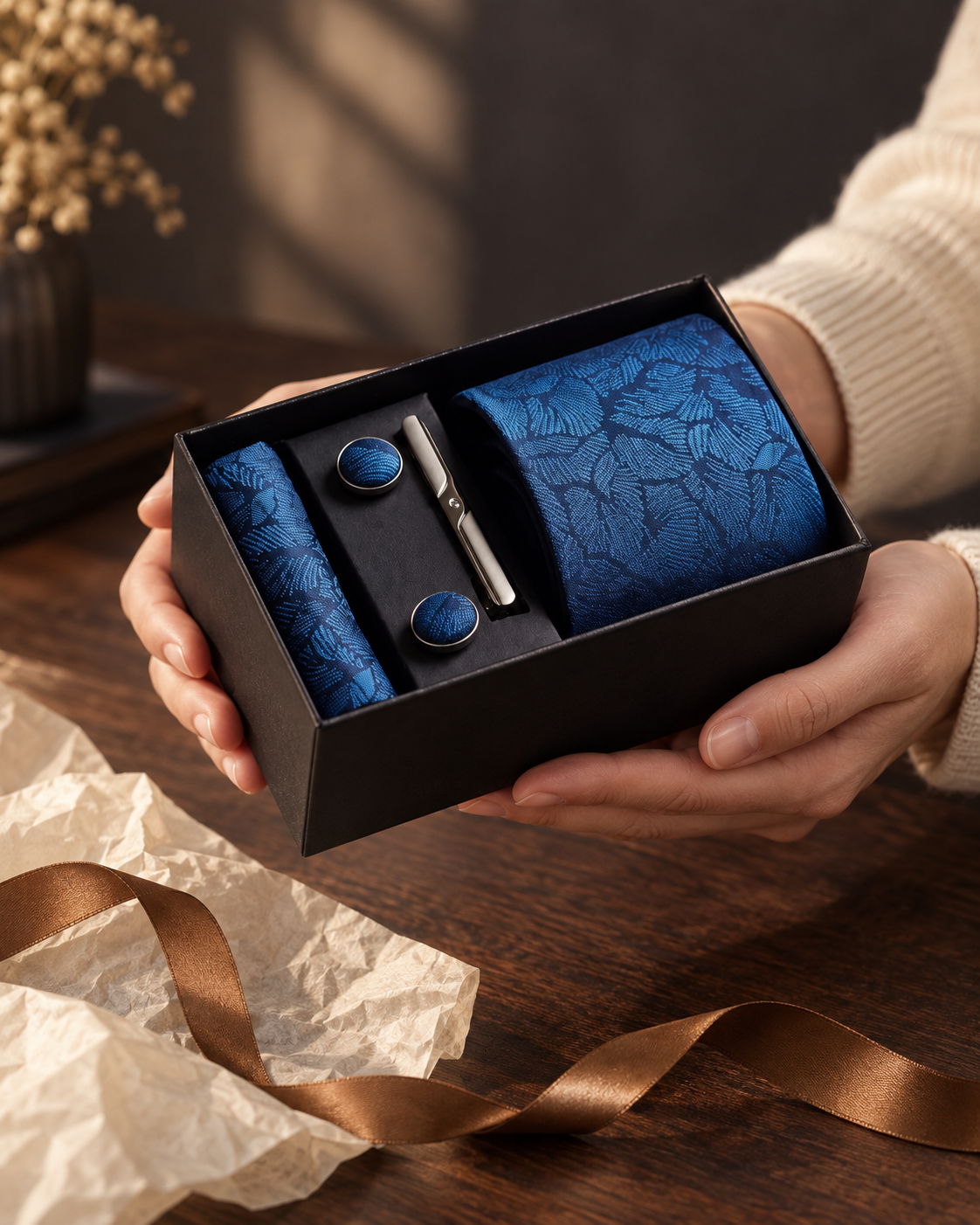 Krawattenset in Geschenkbox, in zwei Händen gehalten