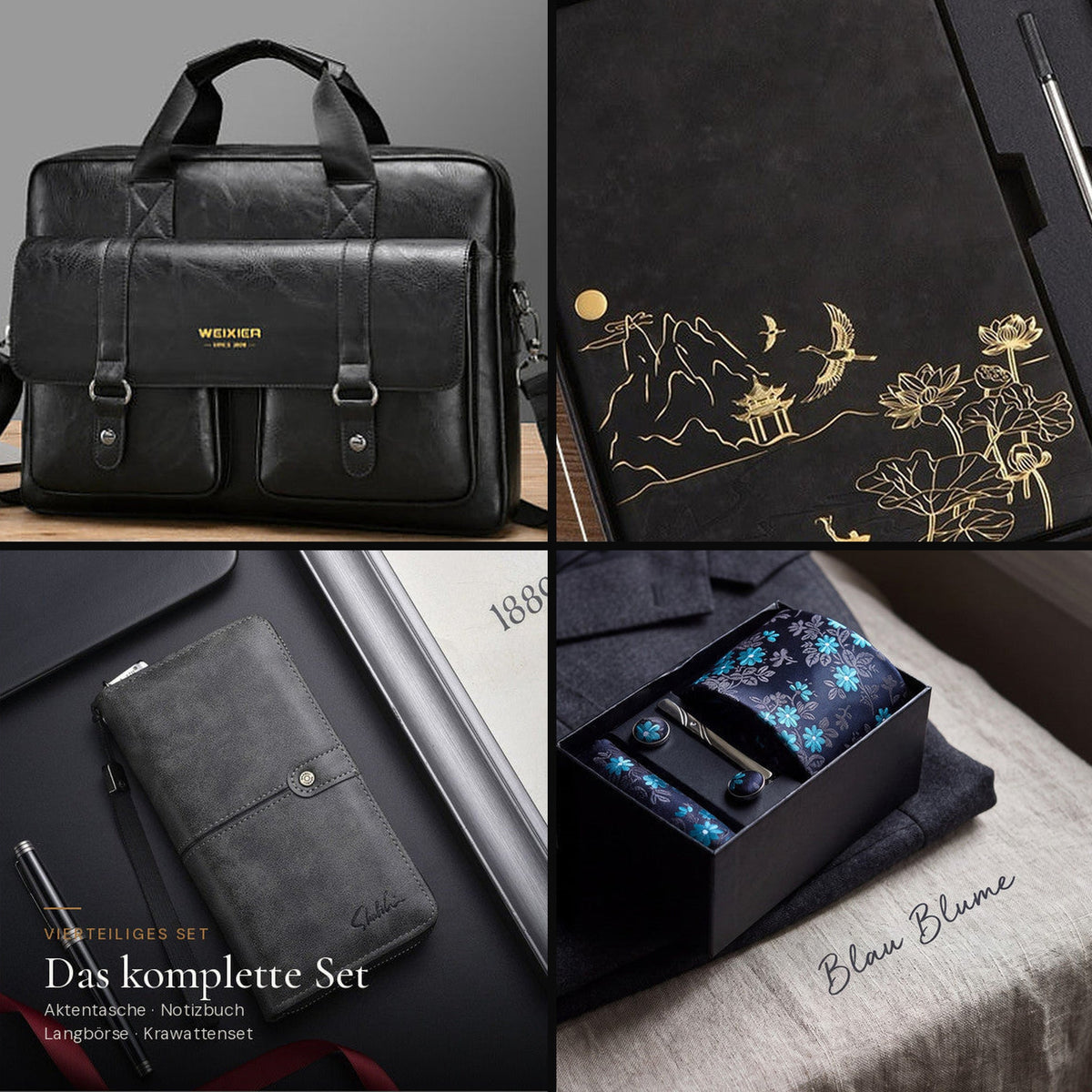Das komplette Geschenkset: Aktentasche, Notizbuch und Herren-Langbörse in Schwarz mit Krawatten-Geschenkset Blau Blume