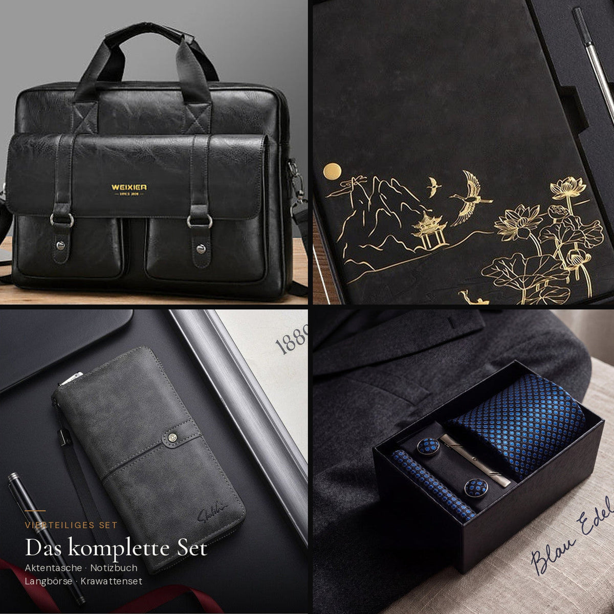 Das komplette Geschenkset: Aktentasche, Notizbuch und Herren-Langbörse in Schwarz mit Krawatten-Geschenkset Blau Edel