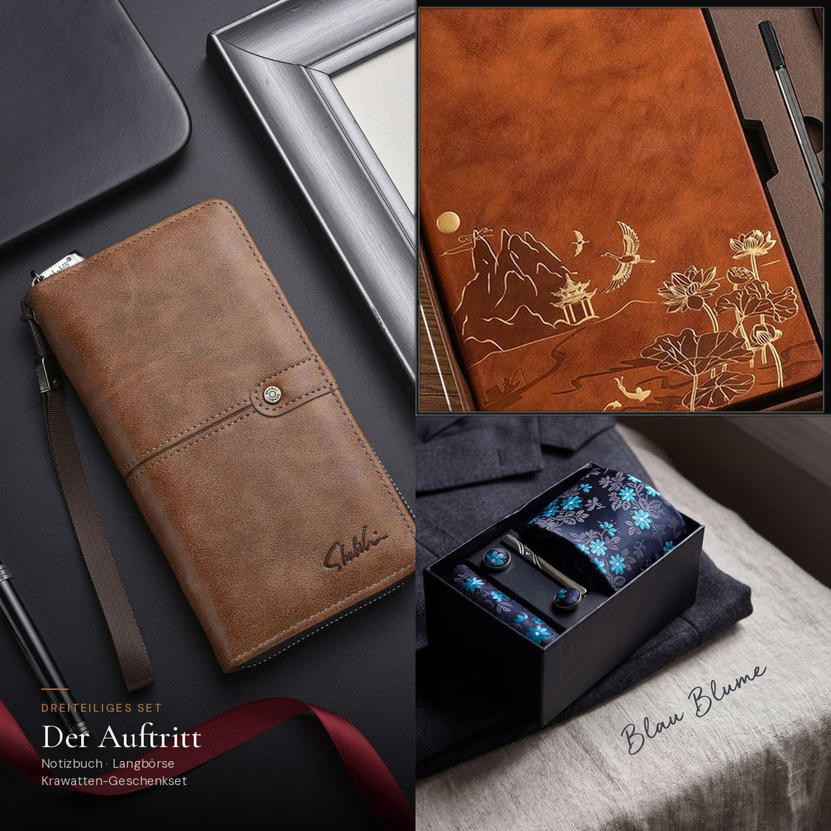 Der Auftritt: Notizbuch und Herren-Langbörse in Hellbraun mit Krawatten-Geschenkset Blau Blume