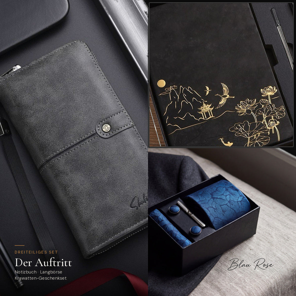 Der Auftritt: Notizbuch und Herren-Langbörse in Schwarz mit Krawatten-Geschenkset Blau Rose