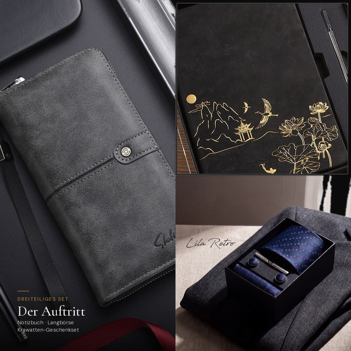 Der Auftritt: Notizbuch und Herren-Langbörse in Schwarz mit Krawatten-Geschenkset Lila Retro