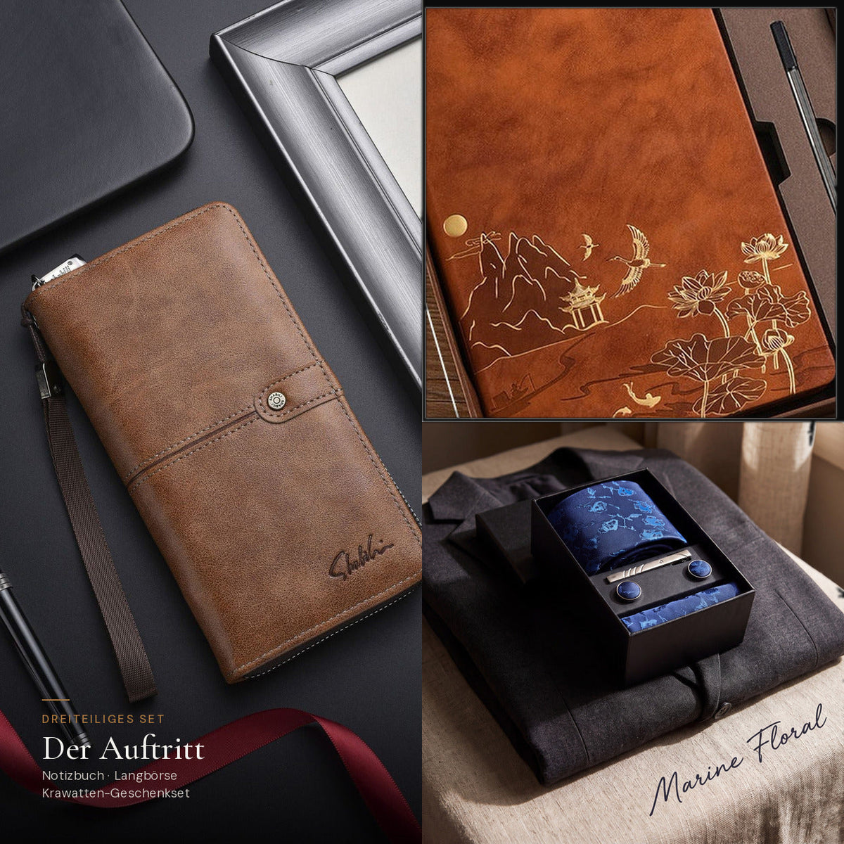 Der Auftritt: Notizbuch und Herren-Langbörse in Hellbraun mit Krawatten-Geschenkset Marine Floral