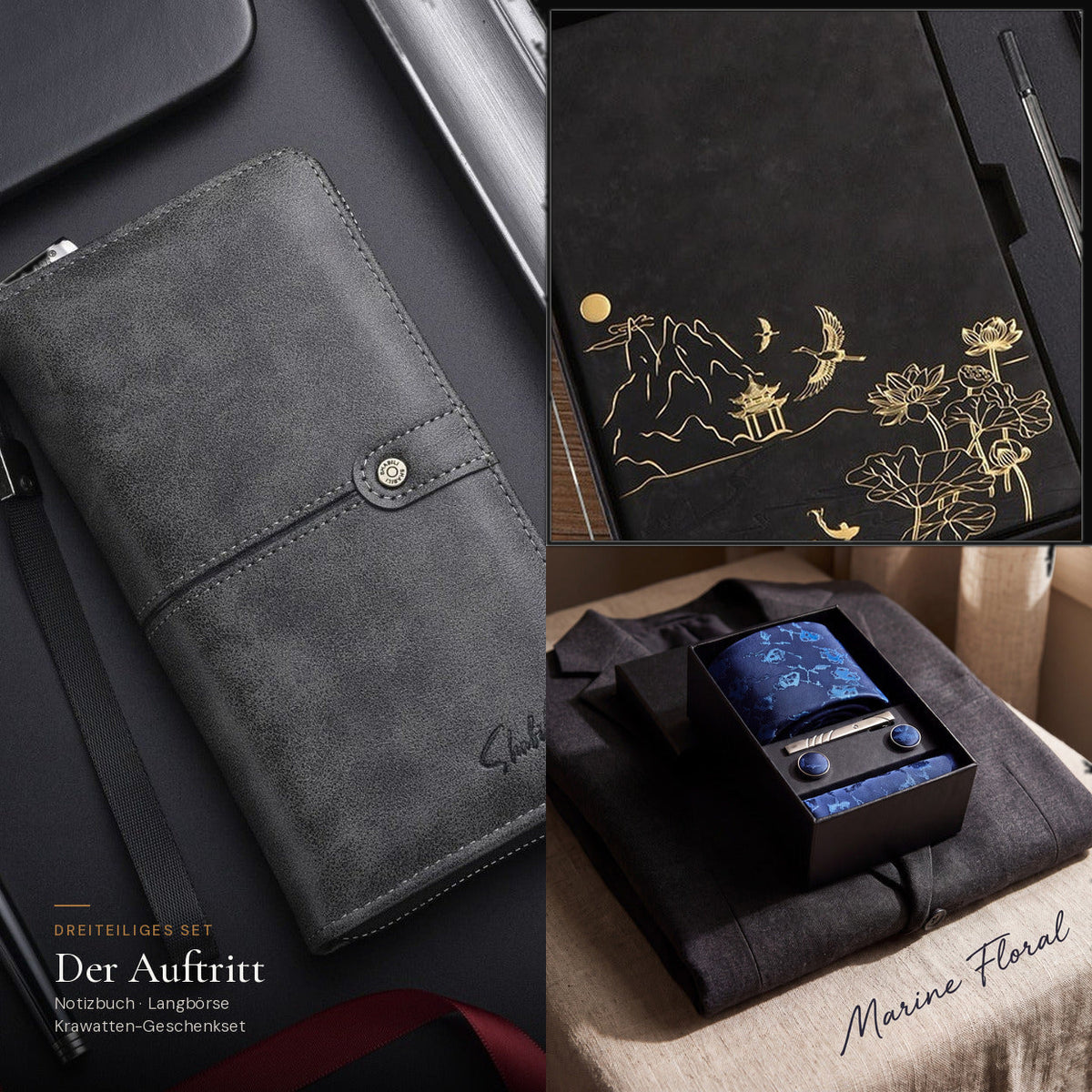 Der Auftritt: Notizbuch und Herren-Langbörse in Schwarz mit Krawatten-Geschenkset Marine Floral