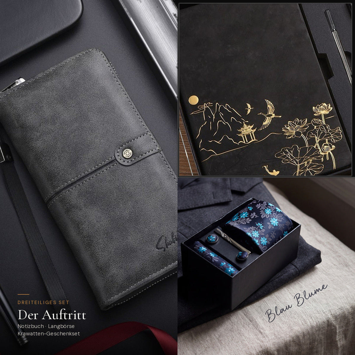 Der Auftritt: Notizbuch und Herren-Langbörse in Schwarz mit Krawatten-Geschenkset Blau Blume
