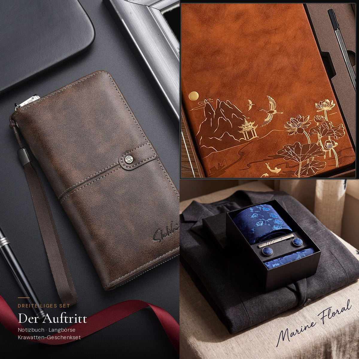Der Auftritt: Notizbuch und Herren-Langbörse in Braun mit Krawatten-Geschenkset Marine Floral