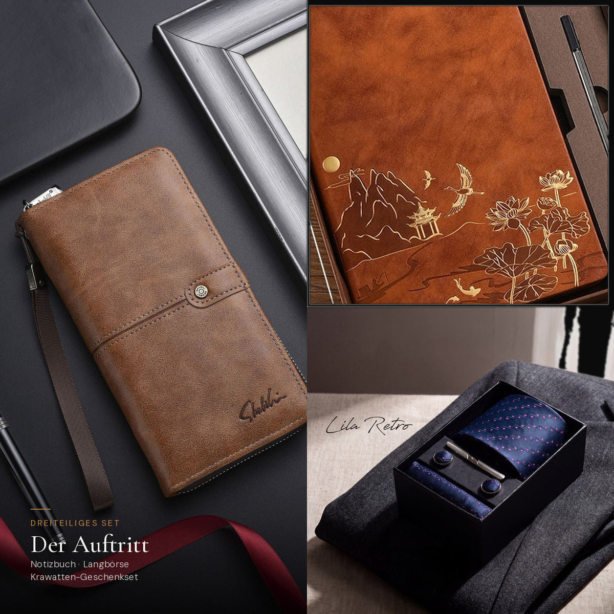 Der Auftritt: Notizbuch und Herren-Langbörse in Hellbraun mit Krawatten-Geschenkset Lila Retro